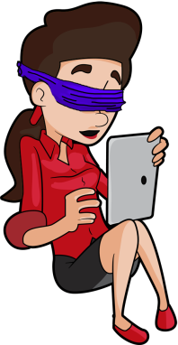 A woman wearing a blindfold is trying to use an iPad